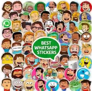 Funny, meme, and animated WhatsApp stickers arranged in a colorful and engaging layout