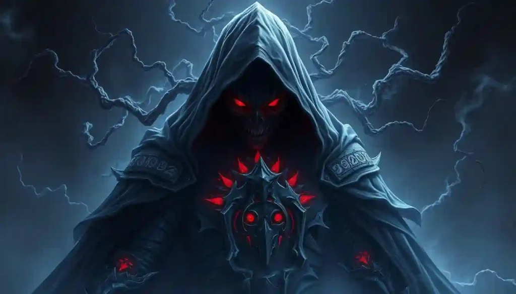 The dark lord stands shrouded in shadows, his hood obscuring his face, evoking an air of mystery and foreboding.