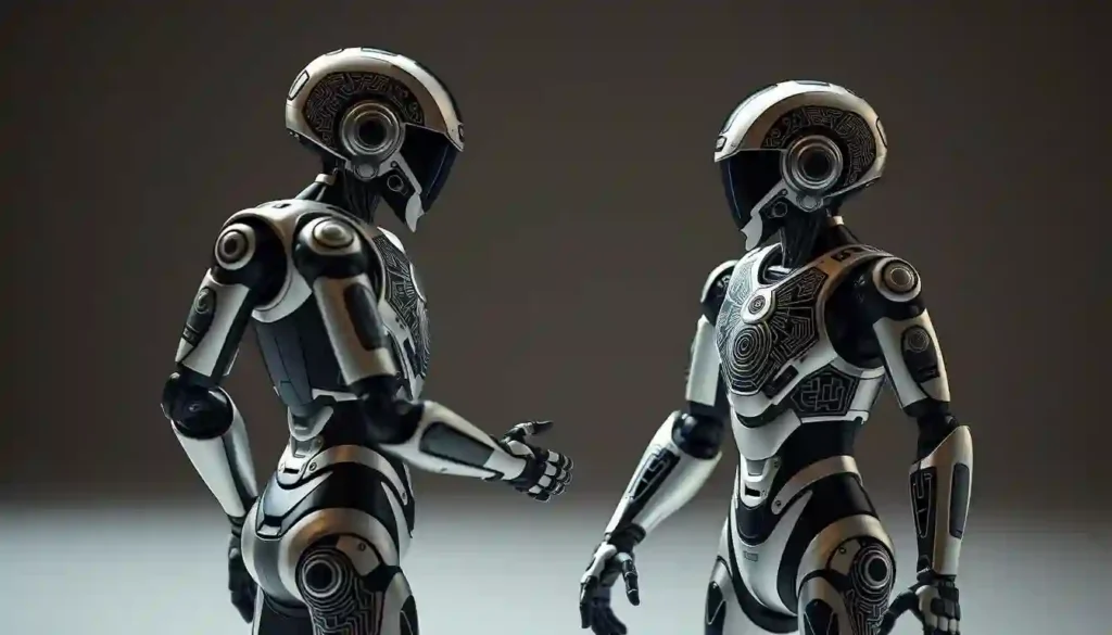 Two robots stand side by side, showcasing their design and technology in a comparison of AI capabilities.
