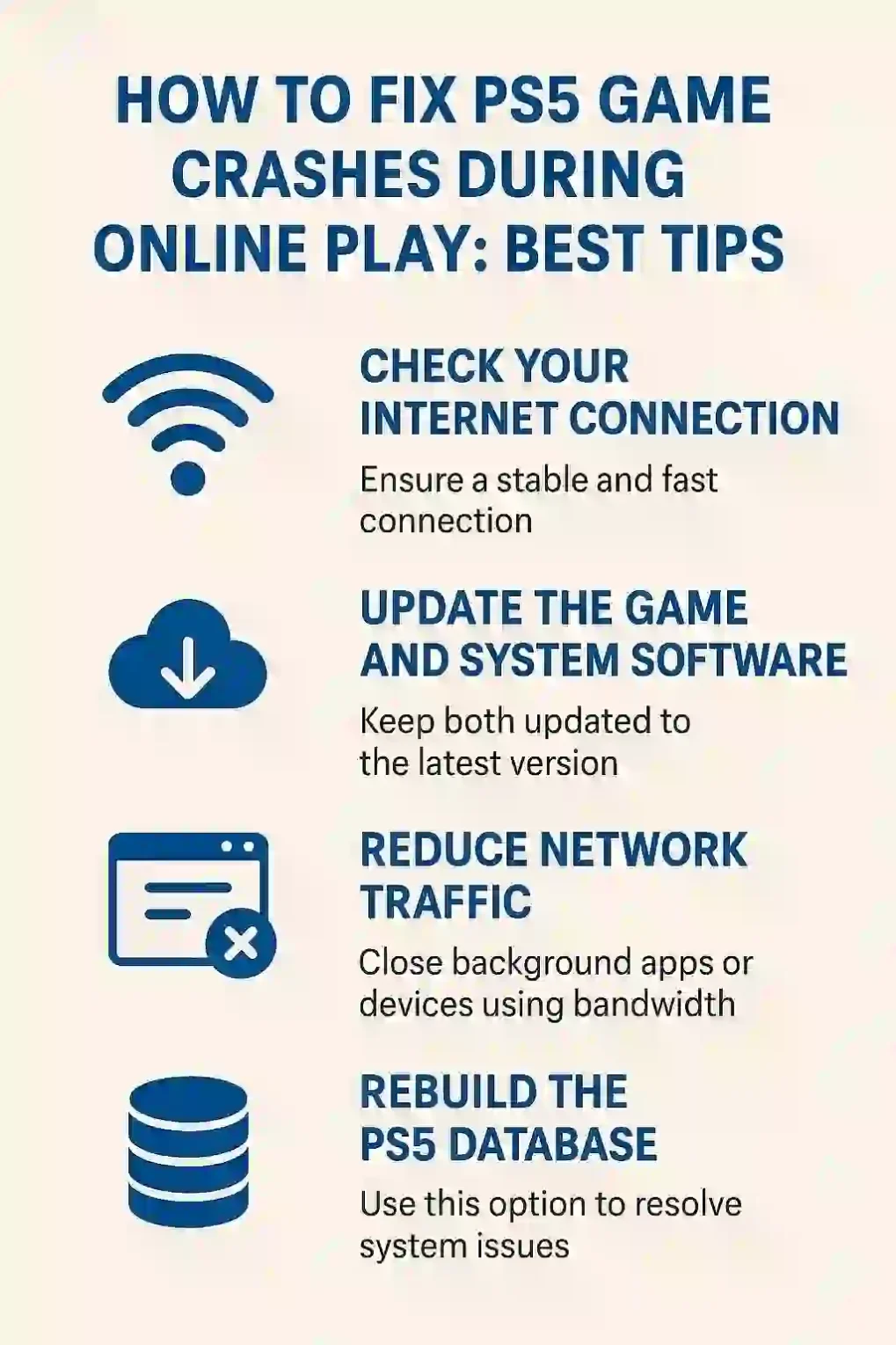 Visual guide on resolving PS5 game crashes during online play, including best practices for PS5 users.