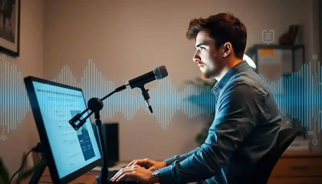 A man sits at a desk with a microphone and computer screen, preparing to discuss optimizing blogs for voice search in 2025.