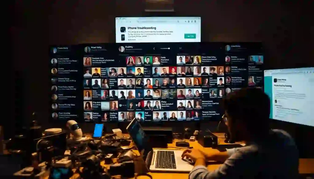 A man sits at a desk with a laptop, focused on a television screen displaying iPhone troubleshooting tips.

