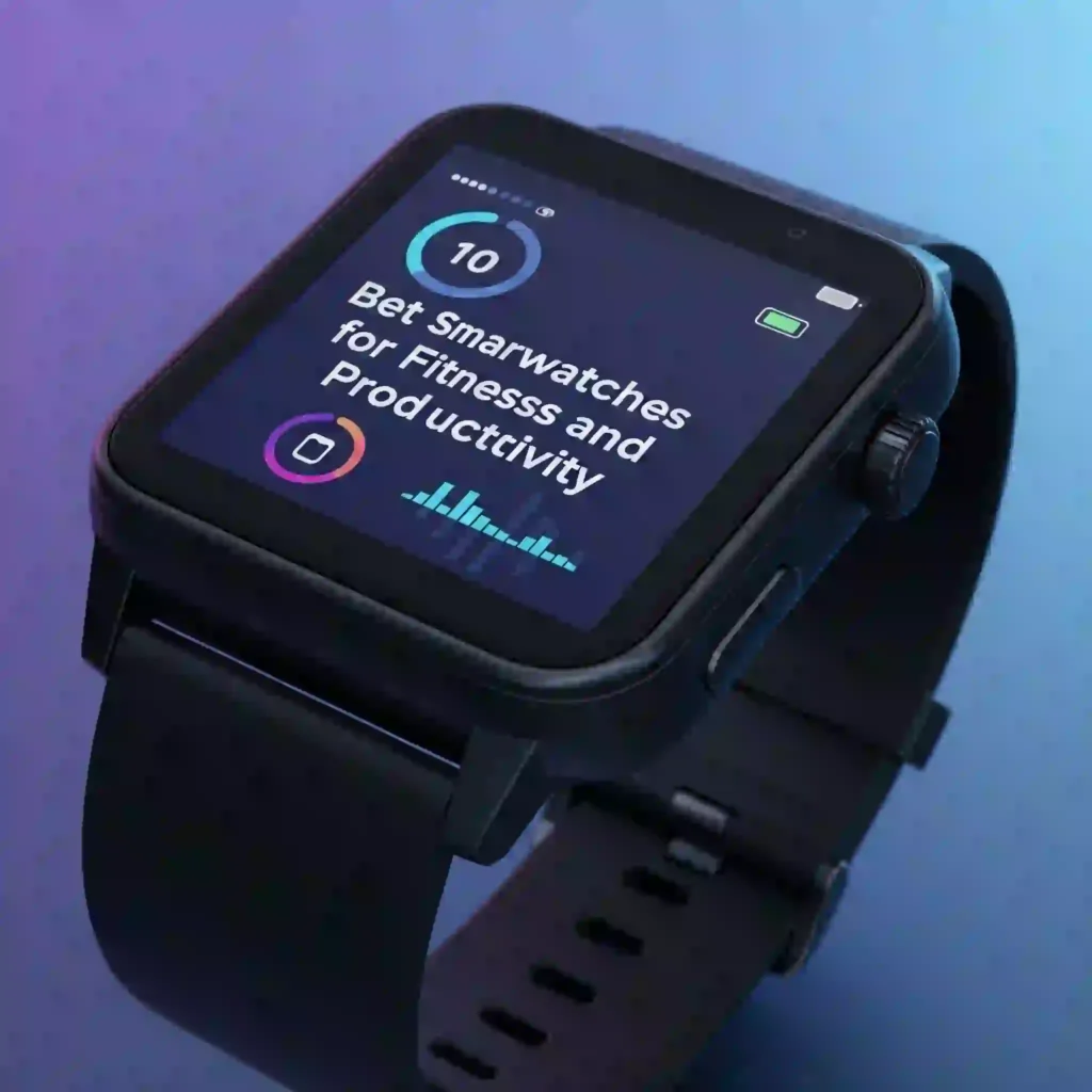 Visual breakdown of top smartwatches in 2025, highlighting key features of Apple Watch Series 9, Samsung Galaxy Watch 6, Garmin Venu 3, and Fitbit Sense 2, including health tracking, GPS, battery life, productivity tools, and smartwatch apps on a minimalist infographic layout.
