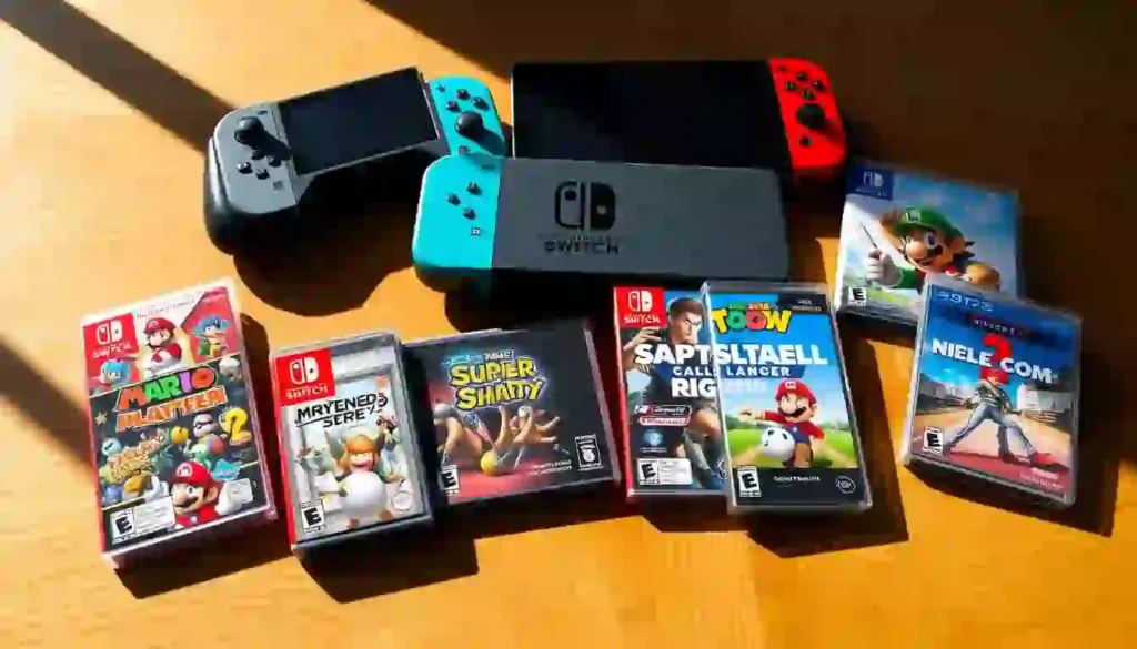 A photo realistic image of a group of Nintendo Switch 2 game cartridges and controllers arranged on a wooden table. The cartridges feature unique cover art and branding for highly anticipated launch titles such as a new 3D Mario platformer, a multiplayer party game, a cinematic open-world RPG, and a photo-realistic sports simulation. The controllers are positioned around the cartridges, suggesting hands-on gameplay. Bright, natural lighting illuminates the scene, casting long shadows and highlighting the textures of the materials. The image conveys a sense of anticipation and excitement for the impending Nintendo Switch 2 release.