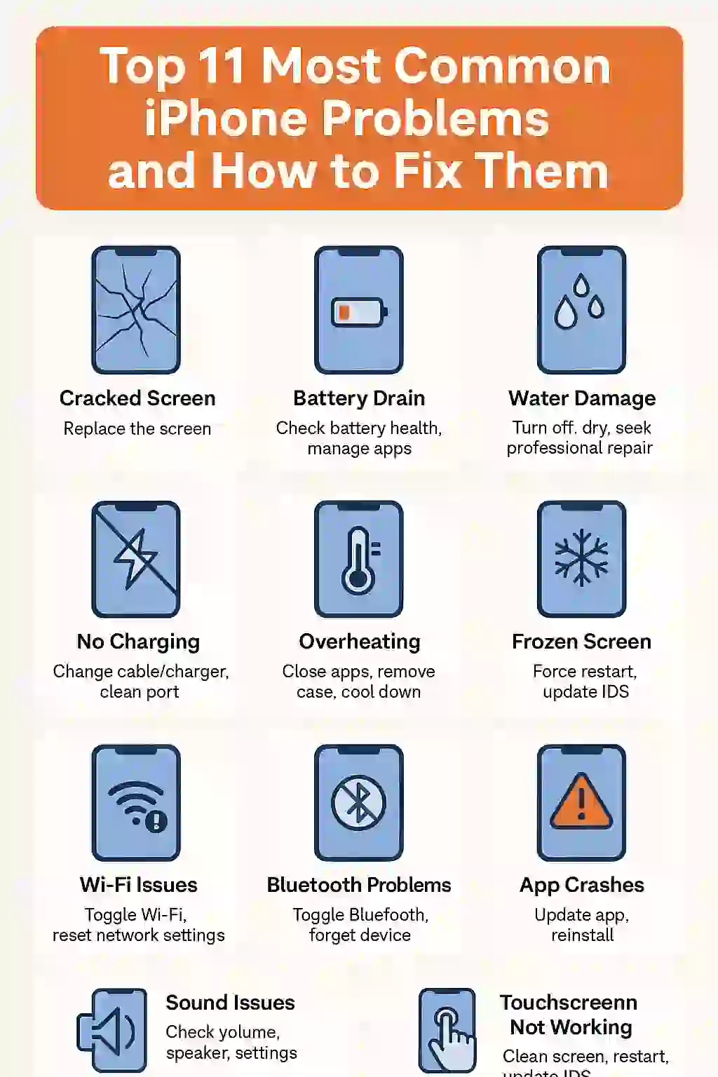 Top 11 Most Common iPhone Problems and How to Fix Them – Visual guide with icons for troubleshooting iPhone issues