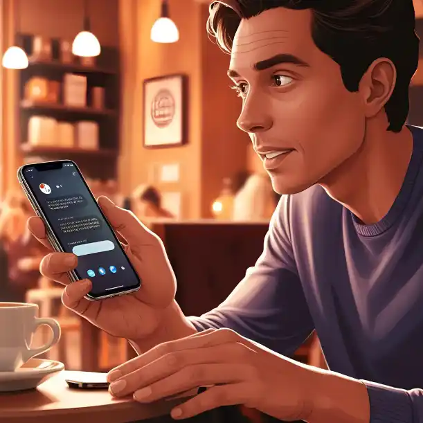 A man sitting at a table, focused on his phone, possibly researching voice search optimization for his blog.