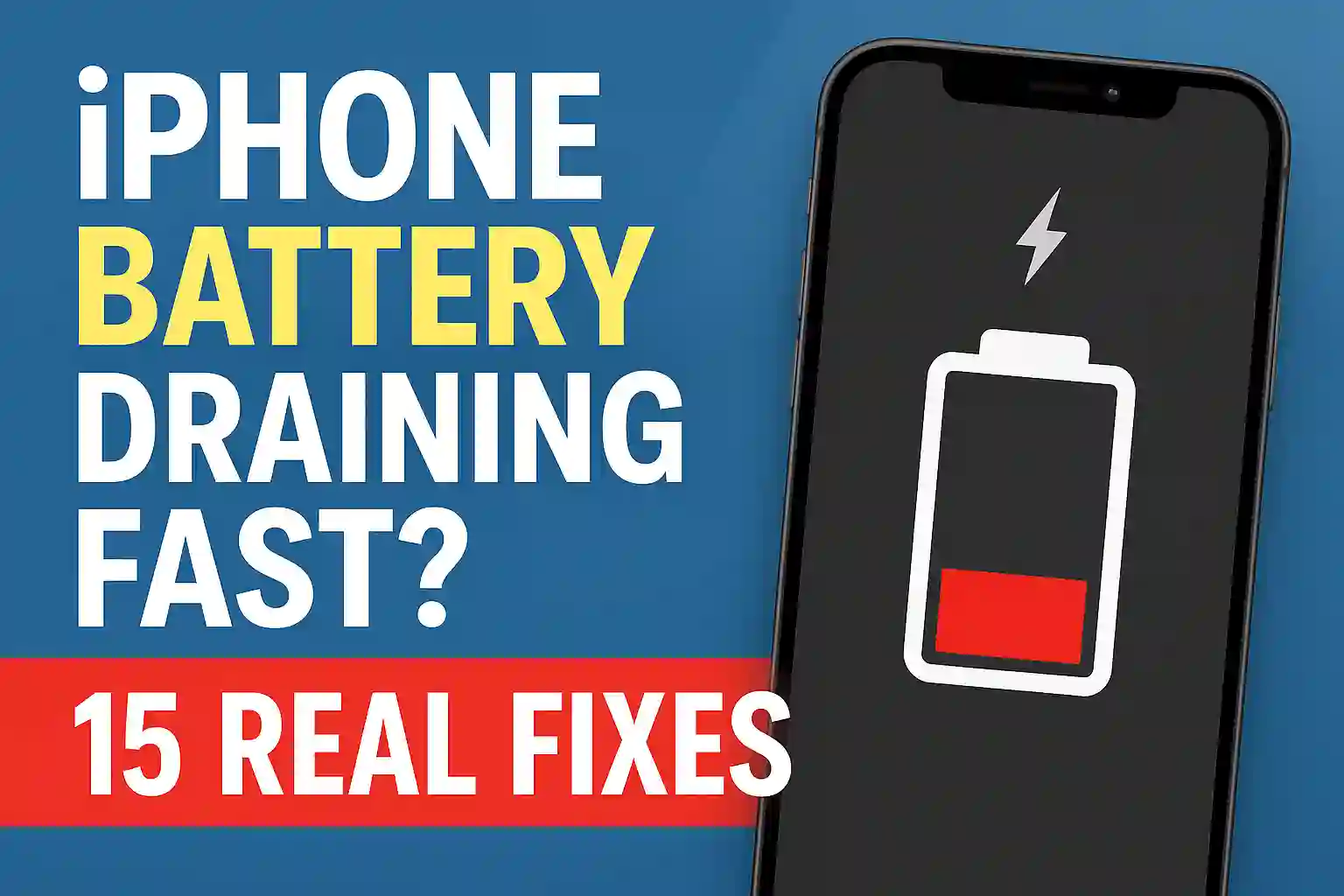 Graphic showing an iPhone with a battery icon, highlighting "15 solutions for iPhone battery draining quickly.