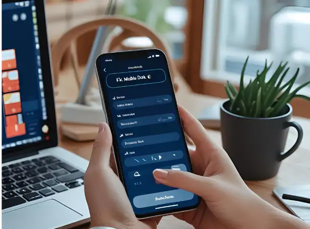 A person checking their business status on a phone app, with a focus on resolving mobile data issues.