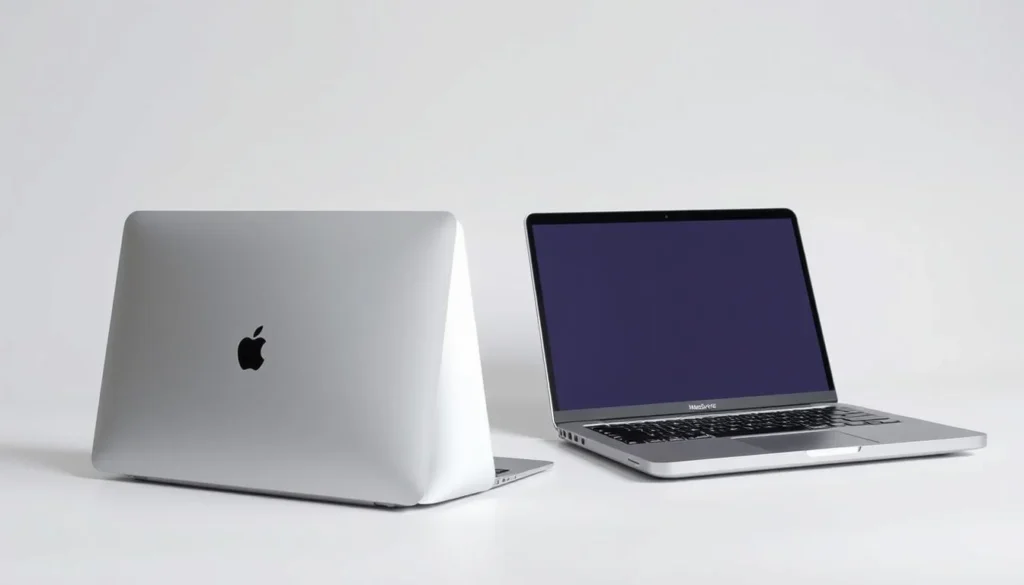 An Apple laptop and a MacBook are displayed side by side, highlighting the MacBook Air and MacBook Pro for comparison.