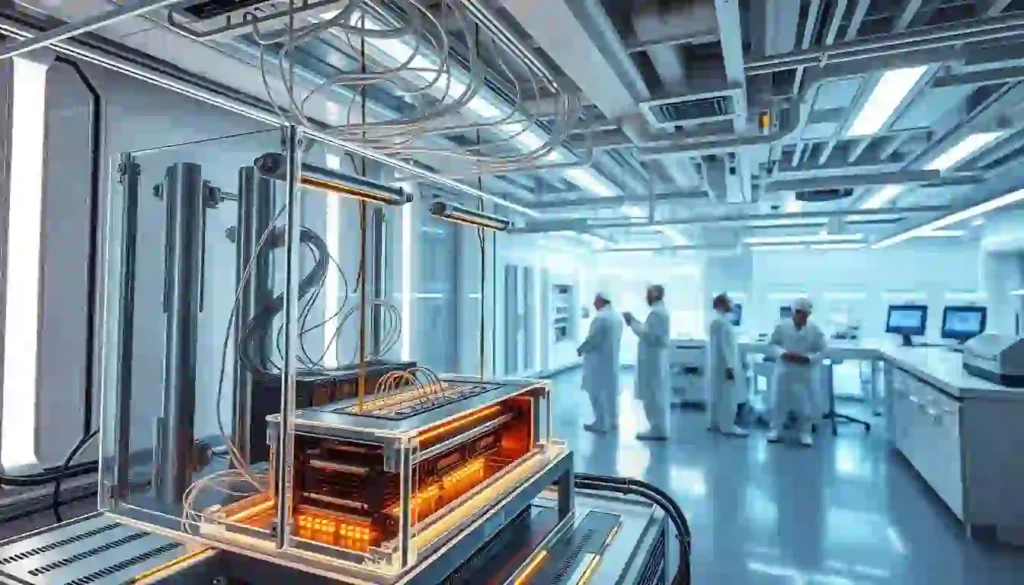A futuristic laboratory interior, illuminated by the soft glow of quantum processors and cryogenic systems. In the foreground, a transparent quantum computer chassis, its delicate components suspended in a cryogenic chamber. Overhead, a complex network of superconducting wires and cables, casting dynamic shadows. In the middle ground, a team of scientists in clean-room attire, meticulously calibrating the quantum hardware. The background features a panoramic view of the lab, with advanced imaging and monitoring equipment lining the walls. The overall atmosphere is one of cutting-edge technology, scientific exploration, and the promise of quantum computational power.