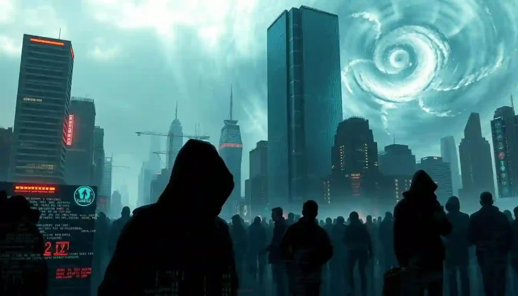 A group of people stands in front of a city skyline, with a large tornado swirling ominously in the background.
