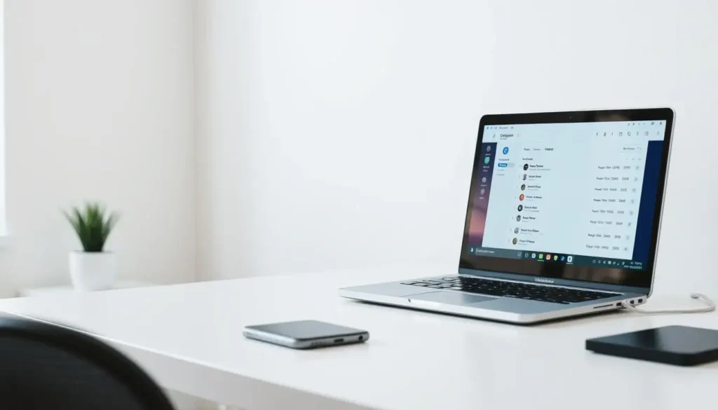  A laptop on a desk with a mouse and a plant, illustrating a workspace for addressing common email problems.