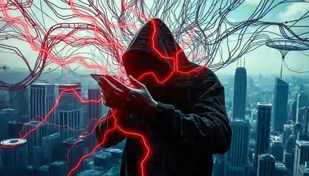 A man in a hoodie with red lightning emanating from his head, symbolizing cybersecurity threats for 2025.