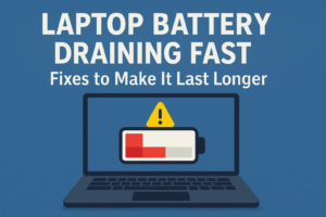 A man at a desk, resting his head on his hands, with a laptop displaying a lightning bolt, indicating battery issues.