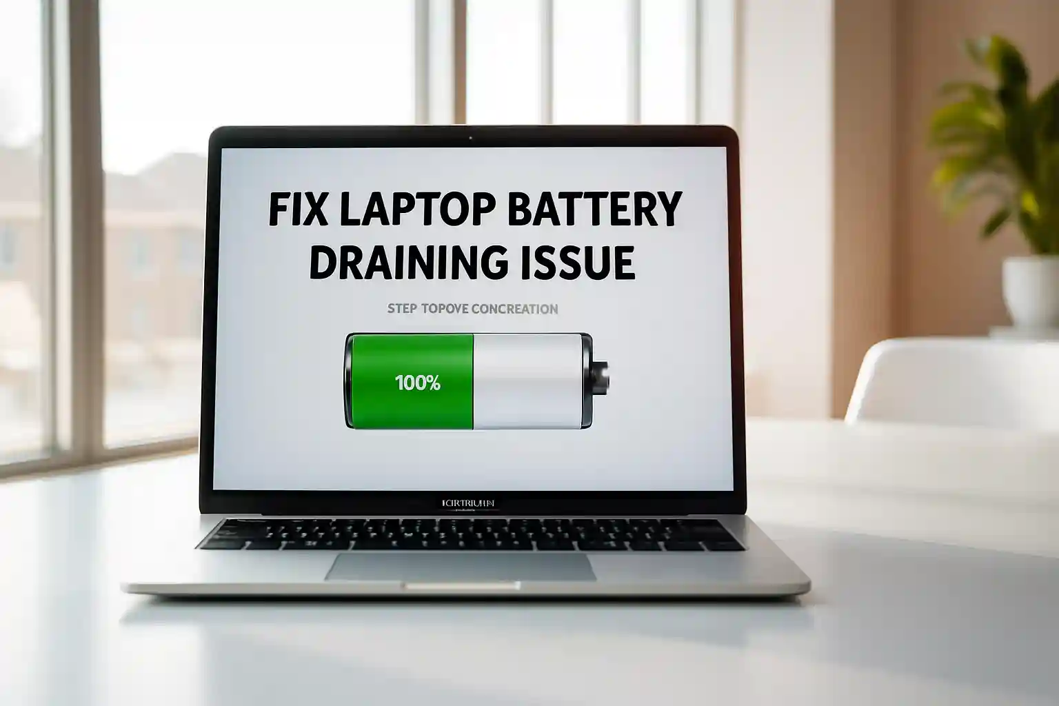 Image showing a laptop with a battery icon, illustrating tips to fix rapid battery drain from 100% to 90%.