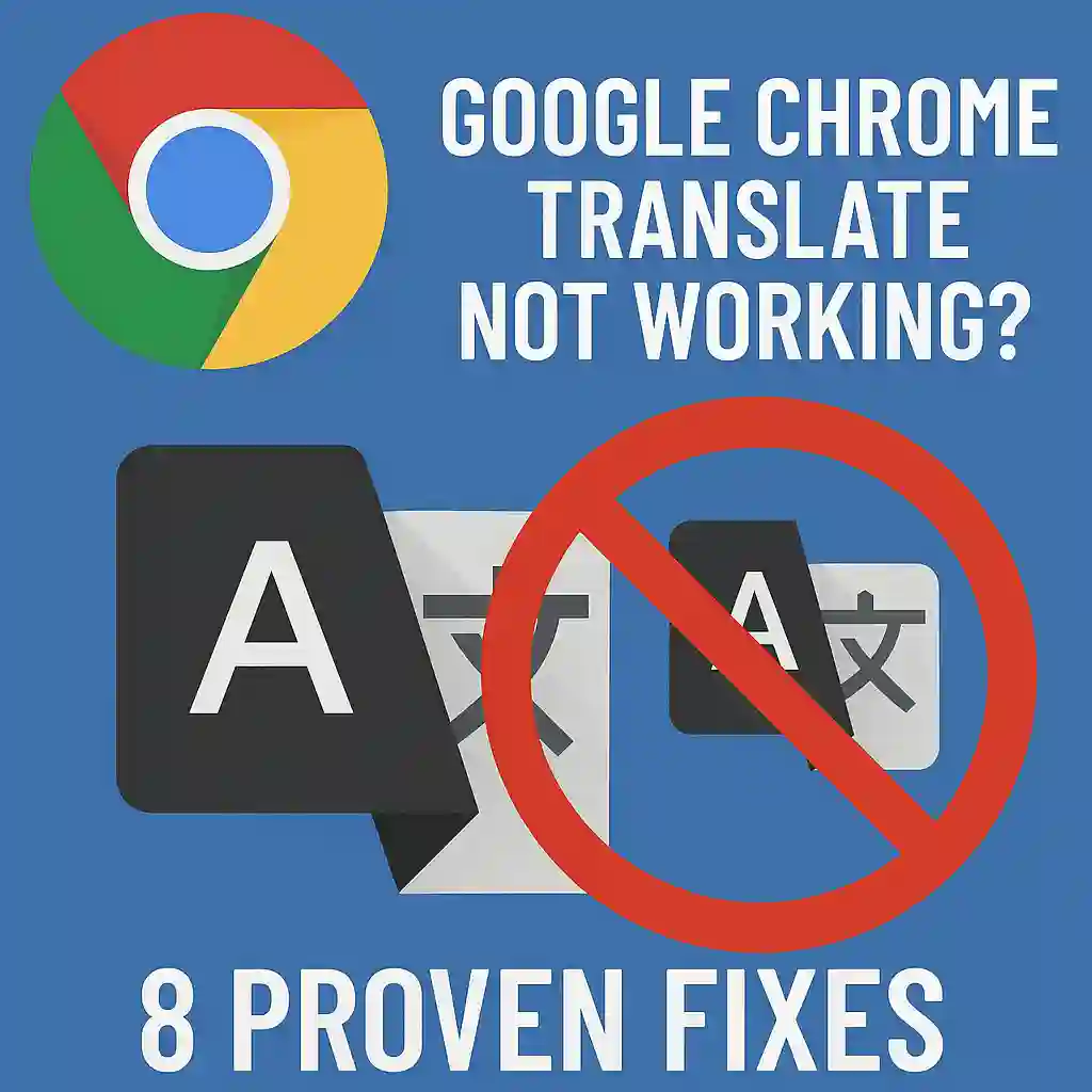Image of a guide titled "Google Chrome Translate Not Working? 8 Proven Fixes" with troubleshooting tips for users.
