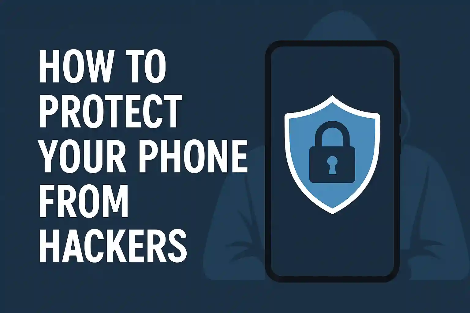 Image illustrating 13 tips for protecting your phone from hackers in 2025, featuring a secure phone and cybersecurity icons.