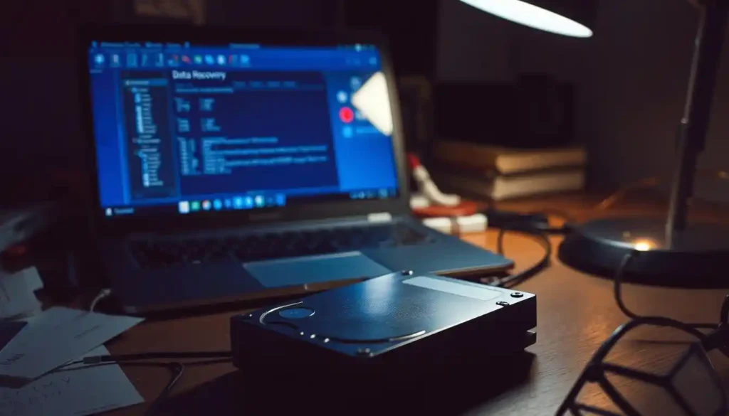 A laptop on a desk with a lamp, illustrating a guide on recovering deleted files, photos, and emails on any device.