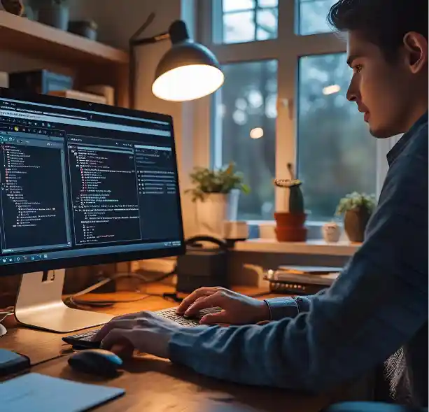 A man focused on a computer screen displaying code related to removing personal data from data broker sites in 2025.