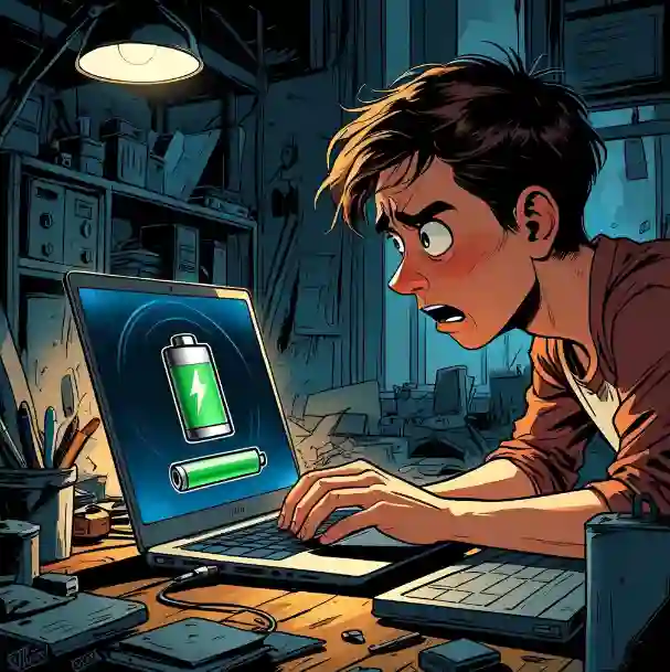 A man working on a laptop with a battery, highlighting tips for extending battery life.