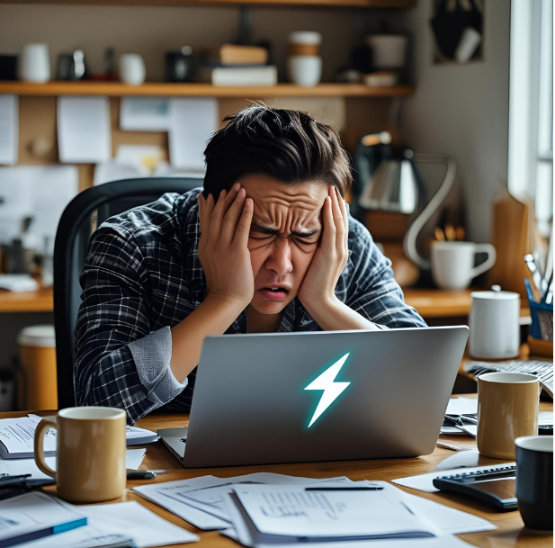 A man at a desk, resting his head on his hands, with a laptop displaying a lightning bolt, indicating battery issues.