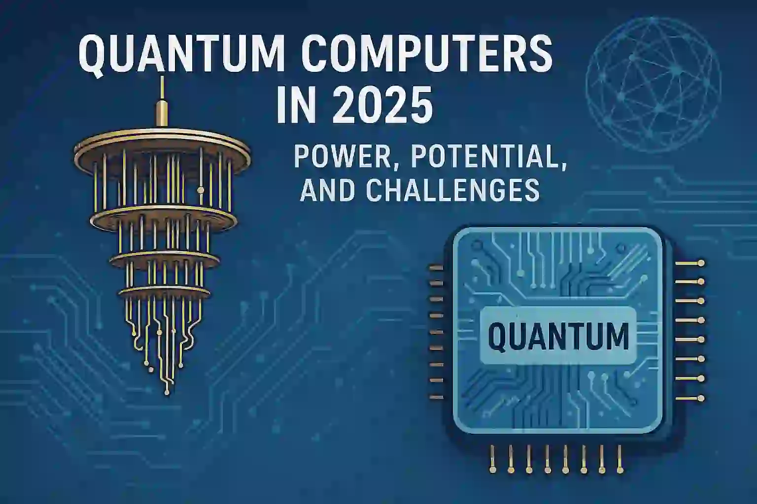 Visual representation of quantum computers in 2025, highlighting their power, potential, and the challenges they face.