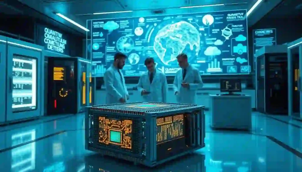 A sleek, futuristic laboratory setting with advanced quantum computing equipment and vivid holographic displays. The foreground features a state-of-the-art quantum processor, its intricate circuitry glowing with an otherworldly luminescence. In the middle ground, researchers in white lab coats examine data readouts, their expressions conveying a sense of discovery and innovation. The background depicts a panoramic view of the quantum computing applications, with holographic projections showcasing diverse industries such as cryptography, weather forecasting, and drug discovery. The scene is bathed in a cool, blue-tinged lighting, creating an atmosphere of cutting-edge technology and scientific progress.