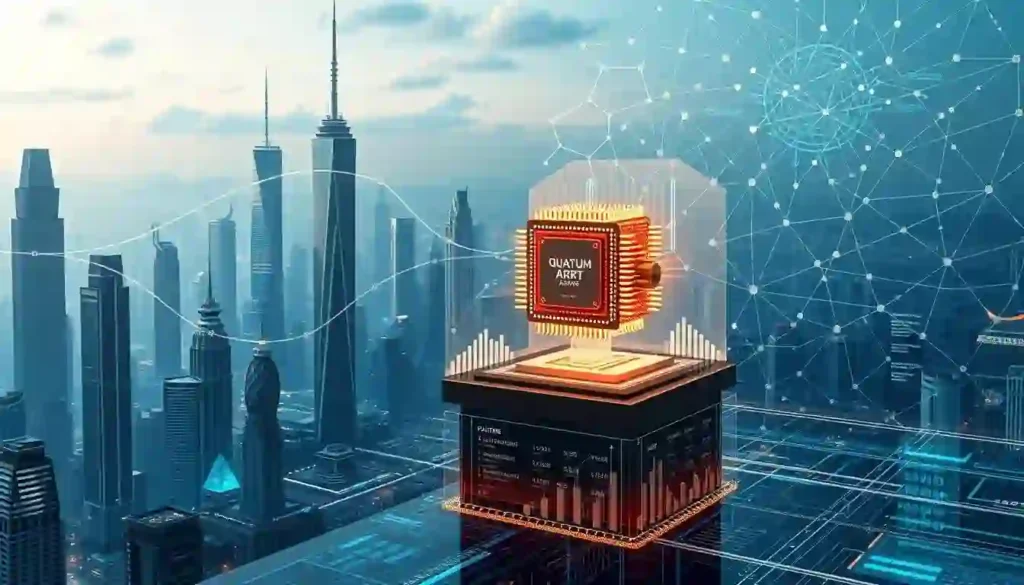 A futuristic cityscape with towering skyscrapers and gleaming spires, bathed in a cool, ethereal glow. In the foreground, a holographic display showcases a wealth of data and financial charts, representing the investment landscape of quantum computing. Projected above the display, a stylized quantum processor model rotates, its intricate circuitry pulsing with energy. In the background, a network of data streams and quantum entanglement diagrams create a mesmerizing, interconnected pattern, reflecting the complex and dynamic nature of this emerging technology. The overall atmosphere is one of innovation, progress, and the promise of a quantum-powered future.