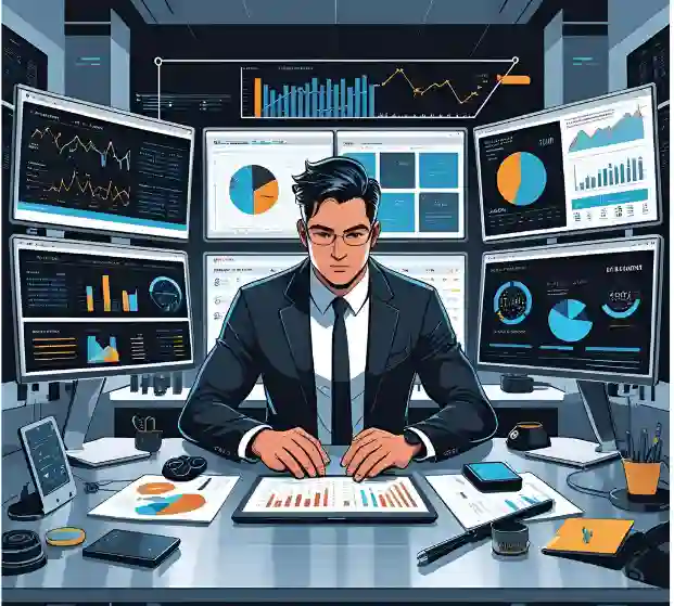 Businessman focused on his laptop, surrounded by multiple monitors, researching data removal from broker sites in 2025.