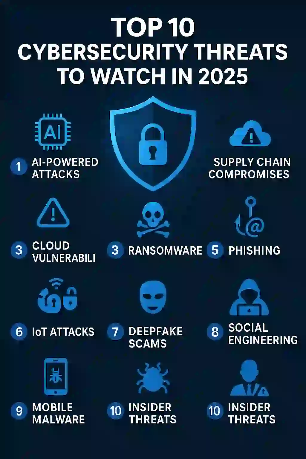 Visual representation of the top 10 cybersecurity threats for 2025, emphasizing key areas of concern for digital security.