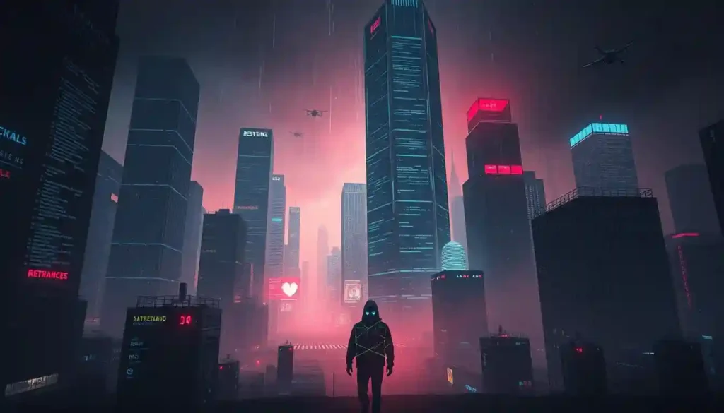 A man stands before a brightly lit city skyline at night, highlighting the theme of cybersecurity threats in 2025.