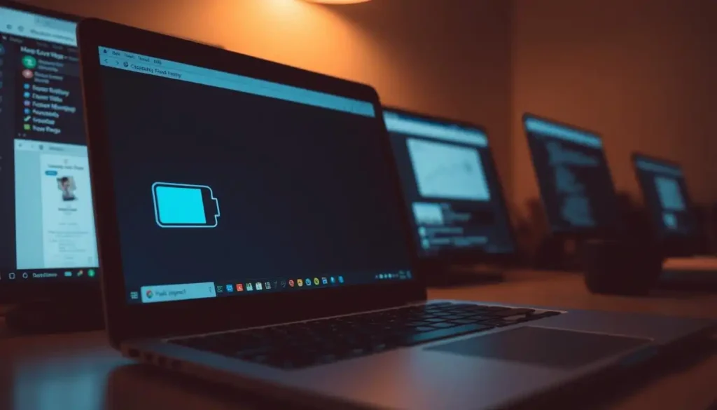 Laptop on desk displaying a battery icon, indicating a sudden drop from 100% to 90% battery life.