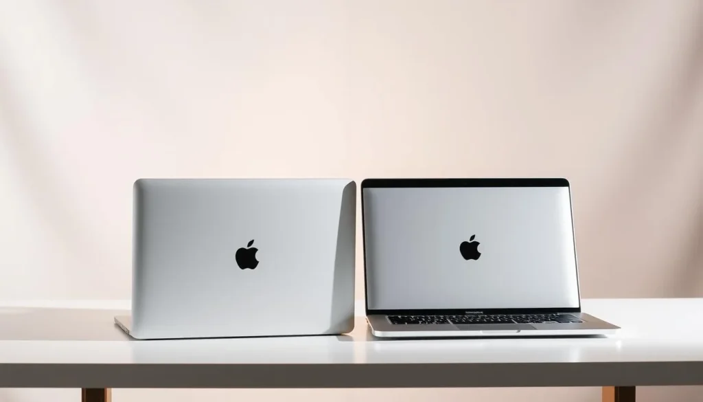 A MacBook Air and a MacBook Pro on a table with a white background, illustrating a comparison for potential buyers.