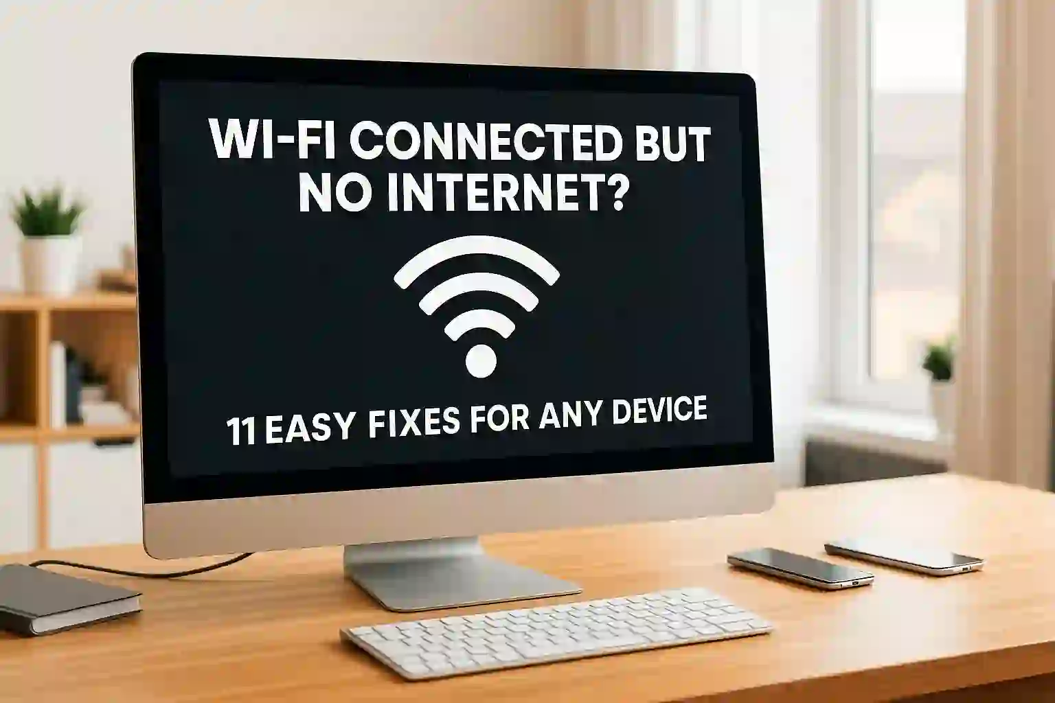 Image showing a Wi-Fi symbol with a warning sign, indicating a connection without internet access.