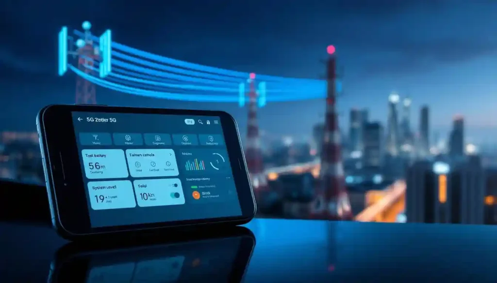 A high-tech software interface depicting innovative solutions to combat 5G network-induced battery drain. In the foreground, a smartphone screen displays a sleek dashboard with various battery optimization options and system-level controls. The middle ground showcases a trio of 5G cellular towers, their signals converging to illustrate the technological challenge. The background features a dynamic cityscape, hinting at the widespread adoption of 5G and the need for efficient power management. The color palette is a harmonious blend of blues, grays, and subtle highlights, conveying a sense of technological sophistication. Dramatic lighting and a shallow depth of field focus the viewer's attention on the central software solution.
