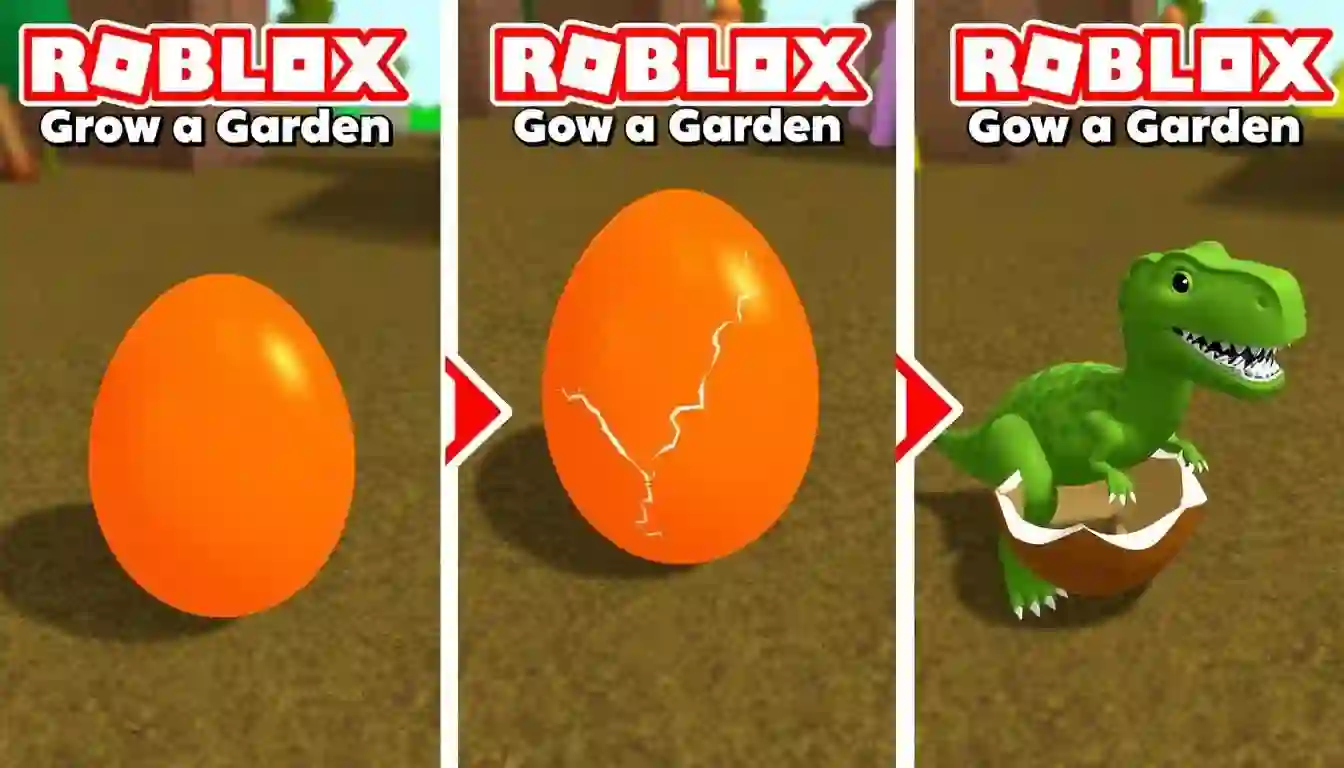 Colorful Roblox scene featuring a garden with various plants and a dinosaur egg, highlighting pet options in Grow a Garden.
