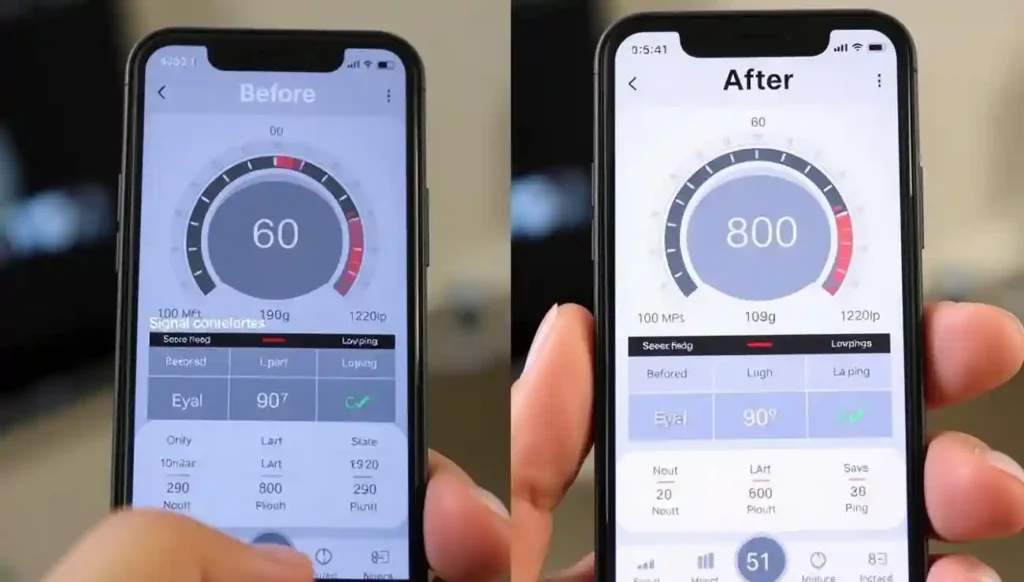 Speed test results showing before and after improvements in Wi-Fi signal strength