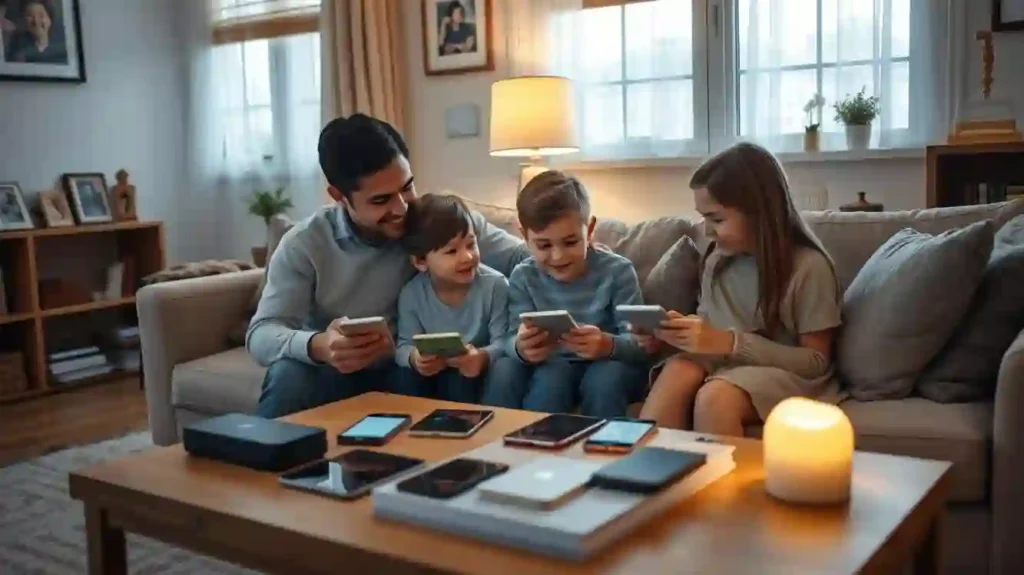A cozy living room scene with a family of four gathered around a coffee table, discussing settings on their Apple devices. The parents and their two children, a boy and a girl, are seated comfortably on a plush sofa, their faces lit by the warm glow of a table lamp. On the coffee table, various iOS devices are neatly arranged, and the family members are engaged in a collaborative discussion, their expressions reflecting a sense of trust and togetherness. The room is decorated with subtle family heirlooms and personal touches, creating an atmosphere of a loving, tech-savvy home. Soft, diffused lighting from the windows and the lamp casts a gentle, inviting ambiance over the scene.