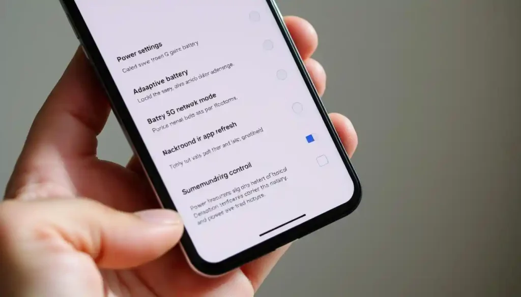A close-up view of an open smartphone screen, displaying power settings optimized for 5G connectivity. The screen shows various battery-saving options, such as adaptive battery, 5G network mode, and background app refresh controls. The phone is held in a human hand against a soft, neutral background, subtly lit from the side to accentuate the screen's details. The overall atmosphere conveys a sense of careful, considered adjustment to maximize 5G battery life.