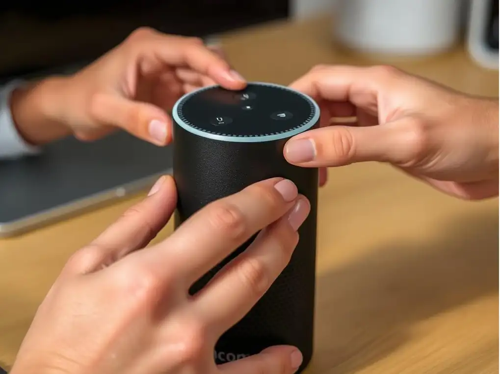 Two hands are touching an Amazon Echo speaker, illustrating troubleshooting for Alexa issues in a 2025 guide.
