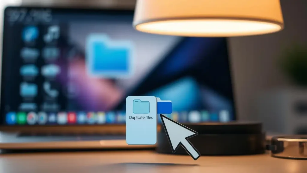 A serene workspace with a desk lamp illuminating a tidy arrangement of digital folders and file icons. In the foreground, a cursor hovers over a &quot;Duplicate Files&quot; folder, ready to purge unwanted duplicates. The background features a blurred view of a laptop screen, conveying a sense of focus and productivity. The lighting is soft and warm, creating a calming atmosphere. The composition emphasizes the importance of decluttering and optimizing digital storage, inviting the viewer to take control of their phone's storage woes.