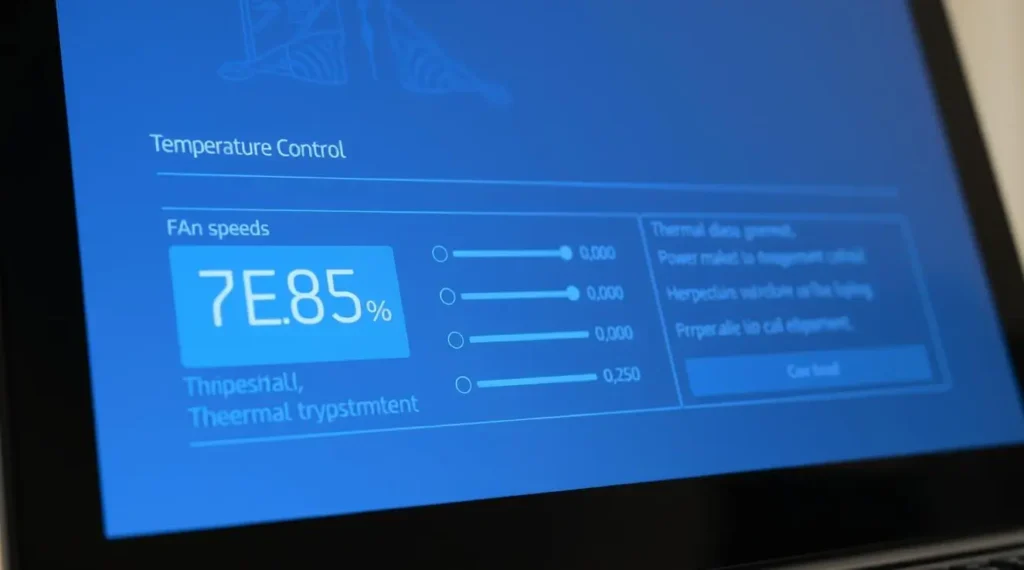 A close-up view of a BIOS settings interface, showcasing temperature control options. The display is crisp and clear, with a sleek, minimalist design in shades of gray and blue. The foreground features a prominent temperature readout, surrounded by various sliders and toggles for adjusting fan speeds, thermal thresholds, and power management settings. The middle ground shows a clean, uncluttered layout of configuration menus, while the background subtly suggests the interior of a laptop chassis, with hints of metallic components and ventilation grilles. The lighting is soft and even, creating a professional, technical atmosphere, guiding the viewer's attention to the core functionality of the temperature control interface.