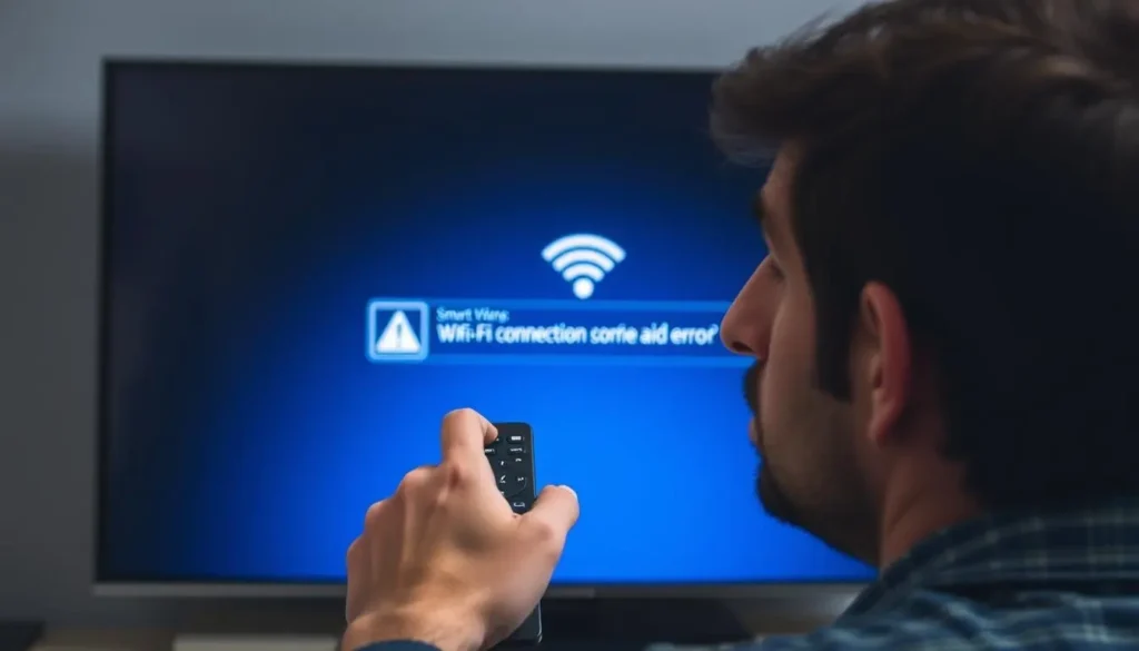 Person looking confused while trying to connect Smart TV to Wi-Fi