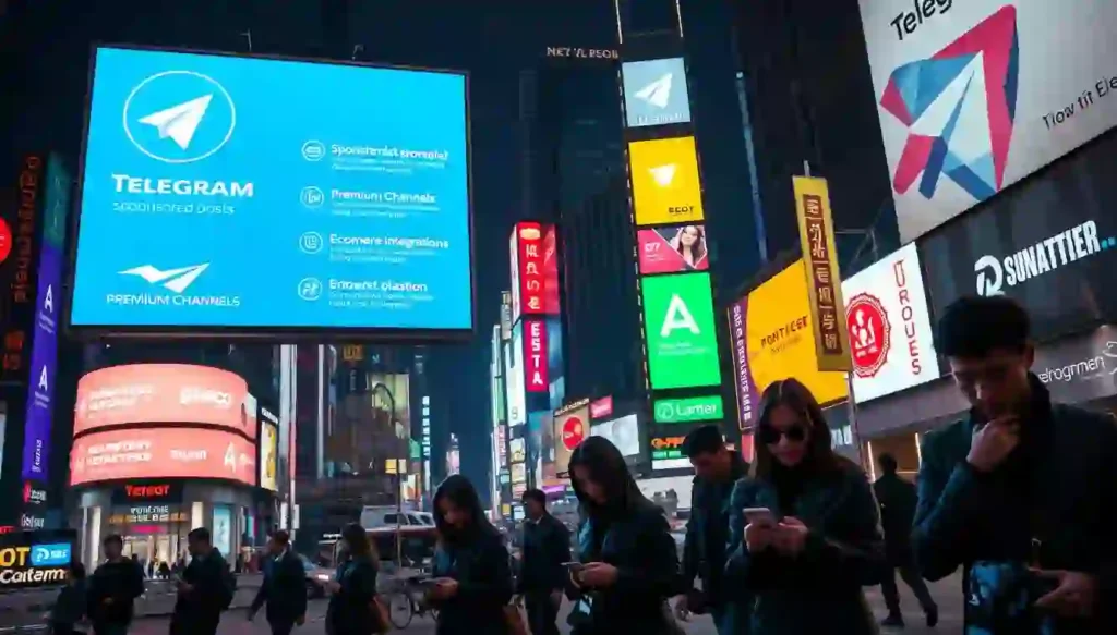 A busy cityscape at night, neon signs and billboards illuminating the streets below. In the foreground, a large digital billboard displays various Telegram monetization strategies - sponsored posts, premium channels, and e-commerce integrations. Sleek, futuristic-looking figures navigate the scene, engrossed in their mobile devices. The atmosphere is vibrant, bustling, and tech-savvy, capturing the essence of modern digital marketing on the Telegram platform. Cinematic lighting and a high-angle perspective give the image a sense of scale and dynamism.