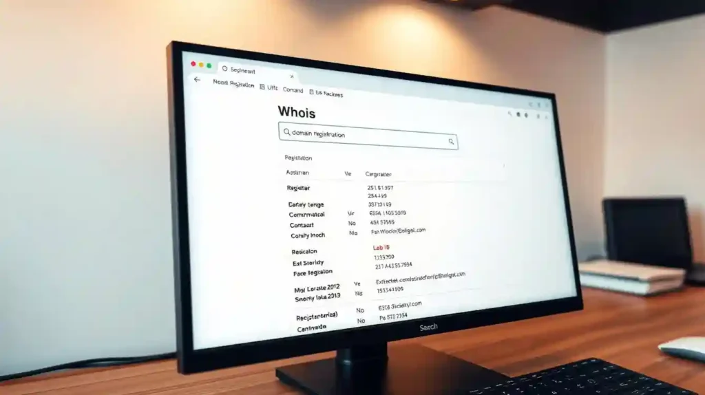 A desktop computer screen displaying a WHOIS lookup interface, with a search field prominently featured. The background is a clean, minimalist workspace with a tactile, natural-fiber desktop surface and warm task lighting. The display shows detailed domain registration information, including the registrant's name, contact details, and registration dates. The overall scene conveys a sense of professionalism and efficiency, reflecting the process of researching an email address through WHOIS data.
