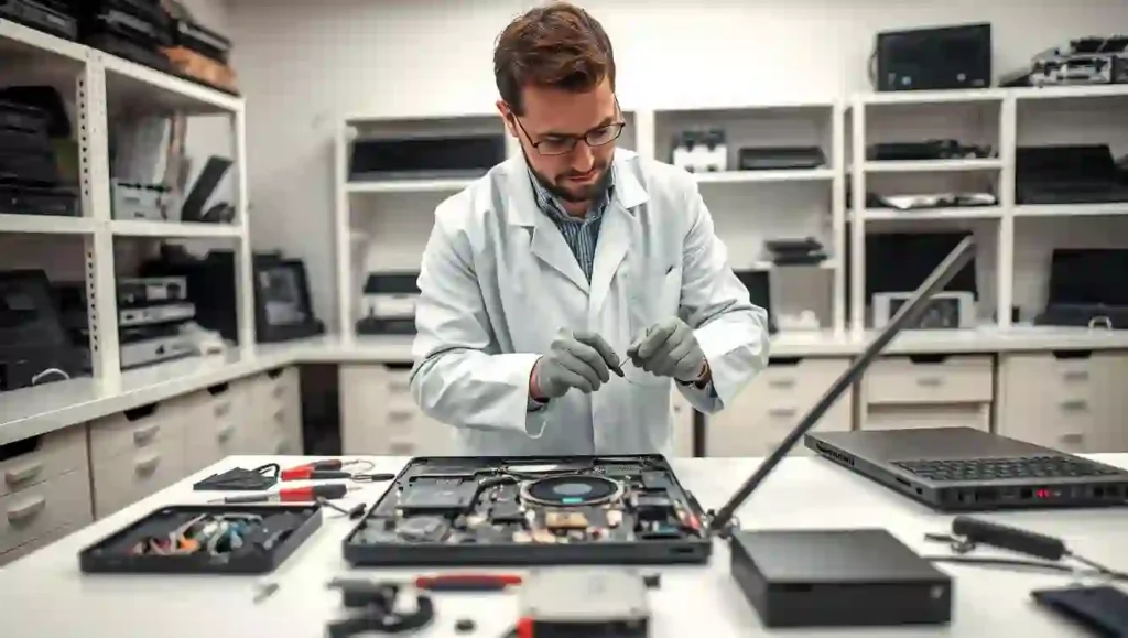 A well-lit, professional workspace with a technician carefully examining a disassembled laptop on a clean, organized workbench. The technician wears a white lab coat and is using precision tools to inspect the internal components. In the background, shelves hold an assortment of laptop parts and diagnostic equipment. The overall atmosphere conveys expertise, attention to detail, and a commitment to providing high-quality laptop repair services.