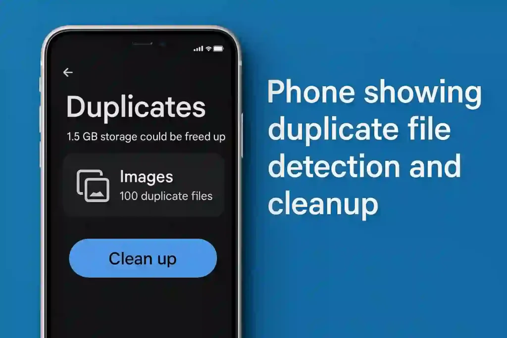 Phone screen displaying duplicate files with a cleaning app, highlighting storage issues and solutions for better management.