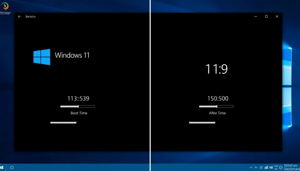 Windows 10 Start Menu displayed, featuring app icons and search bar, related to boot time fixes for Windows 11.