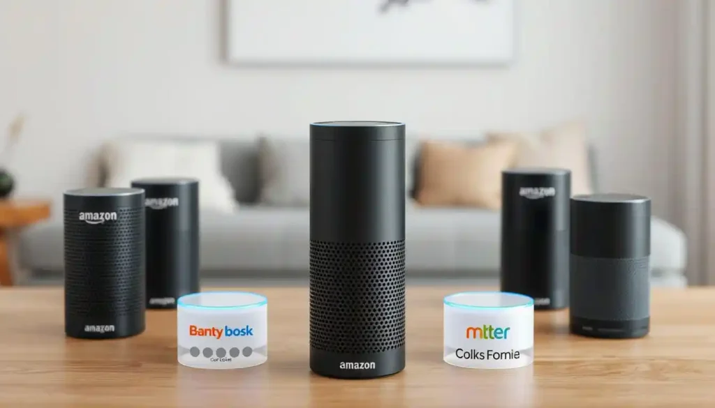 A table displaying various Amazon Echo devices and smart gadgets, illustrating a tech setup for home automation.