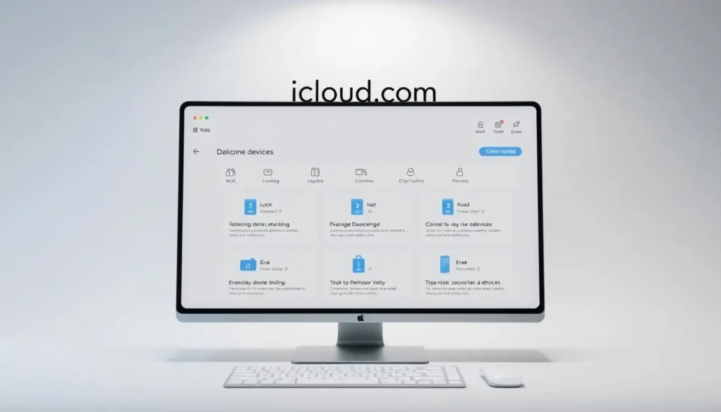 A sleek, modern desktop interface showcasing the iCloud.com device management dashboard. In the foreground, a crisp and well-organized display of connected devices, with options to manage each one individually. The middle ground features intuitive controls for locating, locking, or erasing devices, all set against a minimalist, light-themed background. Subtle gradients and clean typography create a sense of professionalism and ease of use. Lighting is soft and diffused, with a slight vignette effect to draw the eye towards the central interface. The camera angle is a slightly elevated, three-quarter view, providing a comprehensive overview of the streamlined, user-friendly experience.